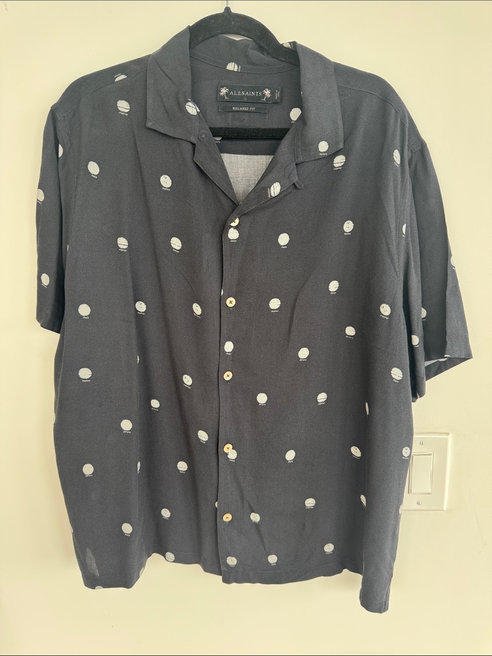 AllSaints Men’s Black Short-Sleeve Button-Down with White Dot Print